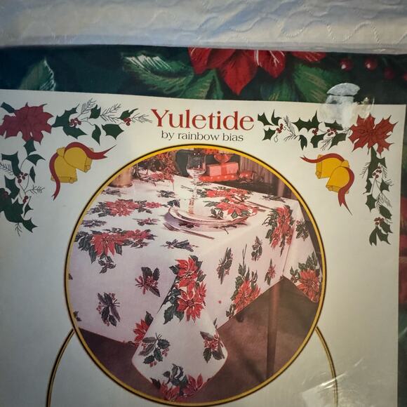 NOS Sealed Vintage Christmas Vinyl Tablecloth Square 52" x 52" Poinsettia Holly - Picture 5 of 5
